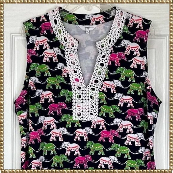 Crown & Ivy Elephant Print Preppy Embroidered A-Line Sleeveless Dress Medium - Picture 2 of 11